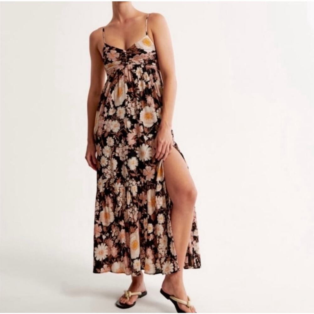 Abercrombie & Fitch Crinkle Textured Ruched Floral Maxi Dress Fairy Boho Size XS